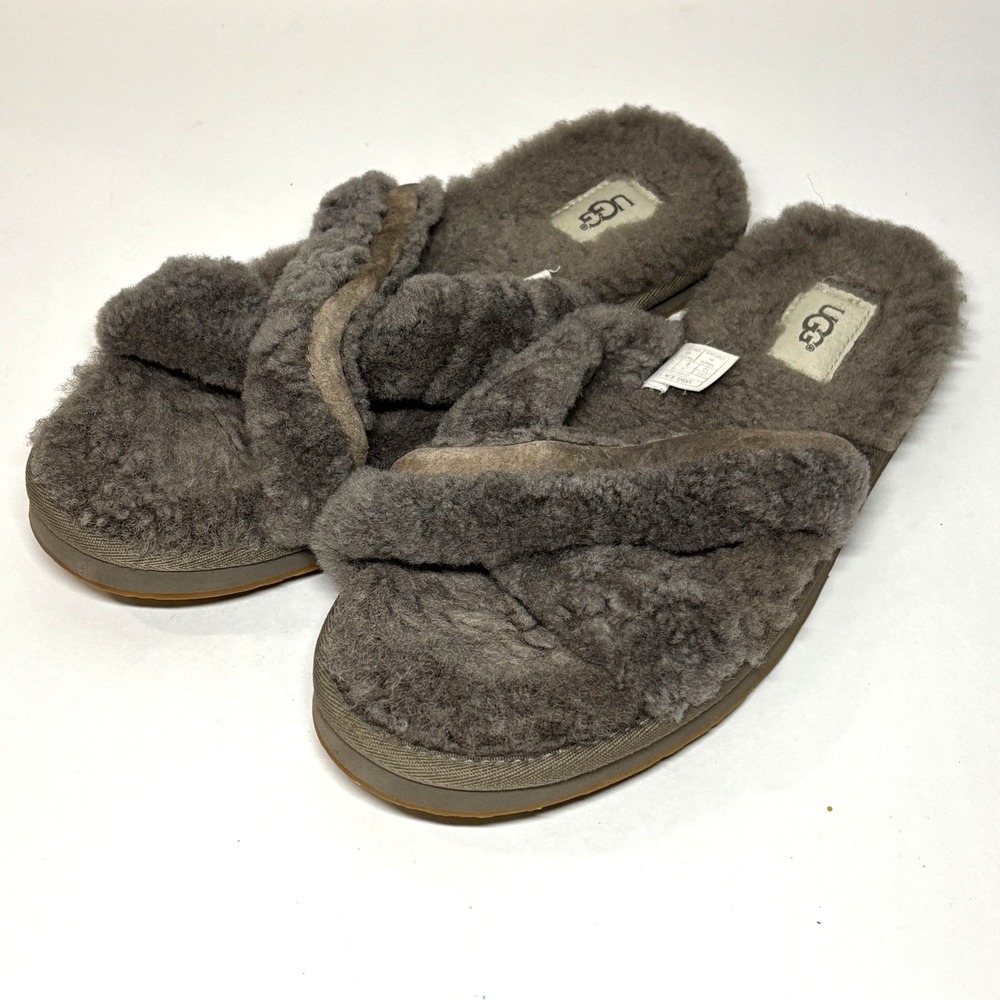 UGG Abela Slippers Women 10 Grey Sheepskin Cross Strap Slide Loungewear